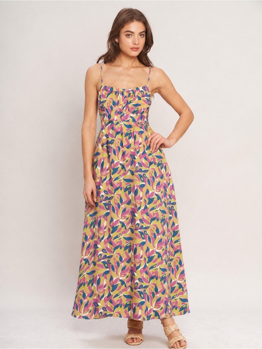 Boden- Floral Leaf Print Sundress - Pink & Yellow